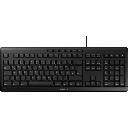 Schwarze CHERRY STREAM Tastatur mit eingebauten Status-LEDs und zusätzlichen Funktionstasten.