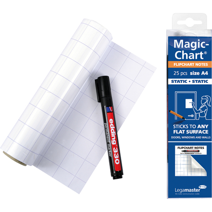 Flipchartfolie in Rolle mit Marker, Verpackung und Gittermuster im Bild.
