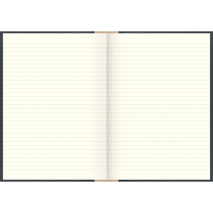 Offenes Geschäftsbuch im DIN A4-Format mit linierten Seiten und braunem Bindeband.