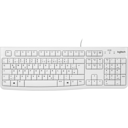 Weiße Logitech K120 Tastatur mit flachen Tasten und standardmäßiger Tastenanordnung.