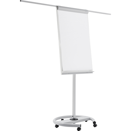 Mobiles Flipchart mit ringförmiger Basis, verstellbaren Aufhängezapfen und Rollen.