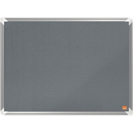 Graue Pinnwand mit Filzoberfläche und silbernem Rahmen, Maße 60 x 45 cm.