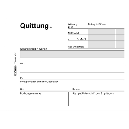 Quittungsblock mit Feldern für Betrag, Nettowert und Unterschrift.