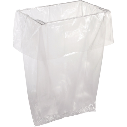Transparenter Abfallsack mit offenem oberen Rand, in aufrechter Position ohne Inhalt.