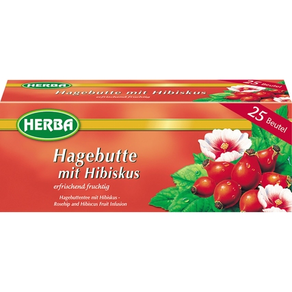 Verpackung von Hagebutte mit Hibiskus Tee in einer Schachtel mit 25 Teebeuteln.