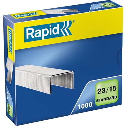 Packung mit 1000 Heftklammern der Größe 23/15 in blauer und gelber Verpackung.