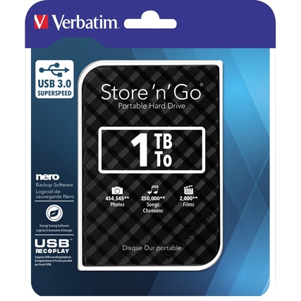 Externe Festplatte in schwarzer Verpackung mit 1 TB Speicher und USB 3.0 Anschluss.