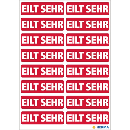 Blatt mit roten Hinweisetiketten "EILT SEHR" in verschiedenen Reihen angeordnet.