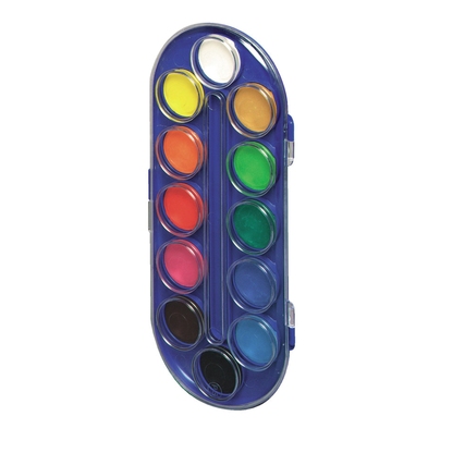 Herlitz Farbkasten mit 12 Farbtönen in einer ovoiden, blauen Palette.