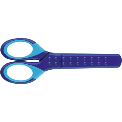 Blaue Bastelschere mit ergonomischen Griffen und Sicherheitseinrichtung für Kinder.