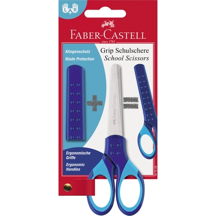 Blaue Bastelschere mit ergonomischen Griffen und Klingen-schutz im Verpackungsdesign.