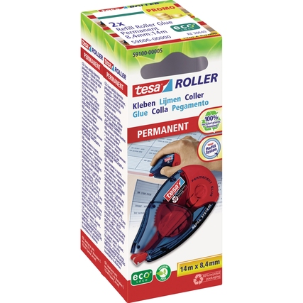 Kleberoller im transparenten Gehäuse mit drei Anwendungen und zwei Nachfüllkassetten.