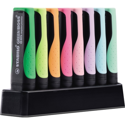 Acht Textmarker in Pastellfarben stehen auf einem schwarzen Ständer.