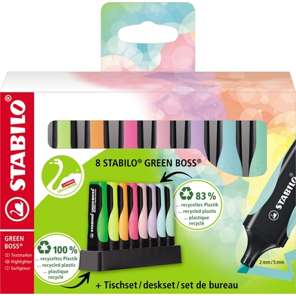Packung mit 8 STABILO GREEN BOSS Textmarkern in verschiedenen Farben auf einem Kartonständer.