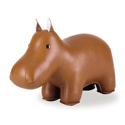Braune Buchstütze in Form eines Hippopotamus aus Kunstleder.