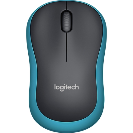 Schwarze und blaue kabellose PC-Maus mit einem Scrollrad und Logitech-Logo auf der Oberseite.