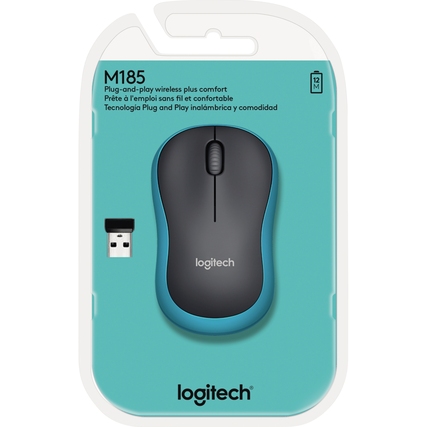 Optische PC-Maus in schwarz/blau mit kabellosem Empfänger in Verpackung.