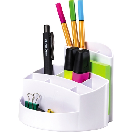 Stifteköcher in Weiß mit Stiften und Notizzetteln, nicht alle Inhalte im Lieferumfang enthalten.