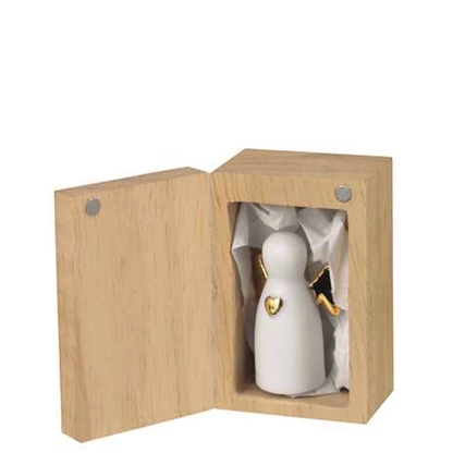 Weiße Engel-Dekorationsfigur in einer Holzbox mit Magnetverschluss.