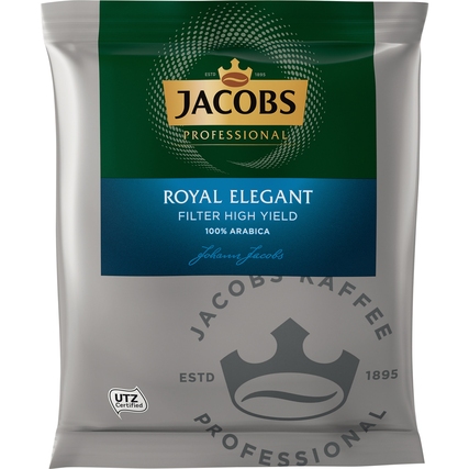 Silberne Verpackung des JACOBS Royal Elegant Filterkaffees mit grünem Logo und UTZ-Zertifikat.