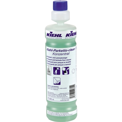 Flasche mit Kiehl Parketto-clean Bodenreiniger, sichtbar die Rückseite mit Gebrauchsinformationen.