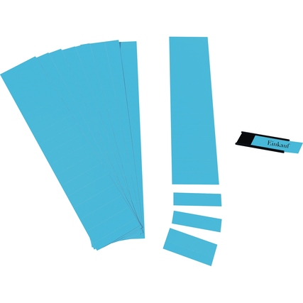Blaue Einsteckkarten in verschiedenen Größen für magnetische Schienen auf einem weißen Hintergrund.