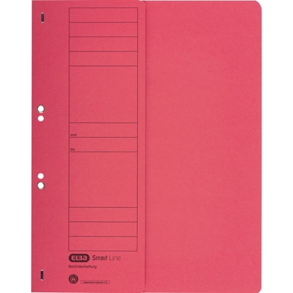 Roter Ösenhefter mit zwei Ösen und beschriftbarem Feld auf der Vorderseite.