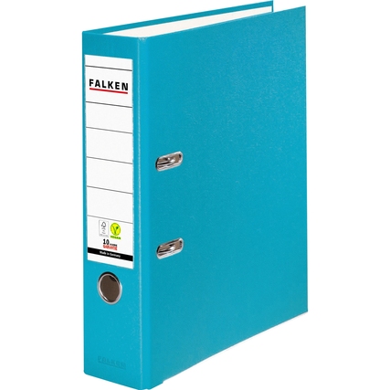 Türoquadrat Ordner in türkis mit 80 mm Rückenbreite und einseitigem Labelfeld.