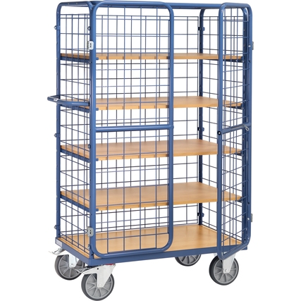 Etagenwagen aus Stahlrohr mit Drahtgitter, 5 Böden, blau pulverbeschichtet, abschließbare Tür.