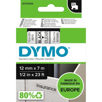 Schriftbandkassette D1 12 mm x 7 m in transparent mit schwarzer Schrift auf Verpackung.