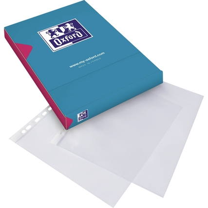 Prospekthülle im DIN A4 Format, transparent mit farbigem Umschlag, teilweise geöffnet.