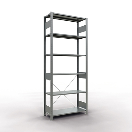 Regal mit sechs verstellbaren Fachböden und Kreuzstrebe in grauer Farbe.