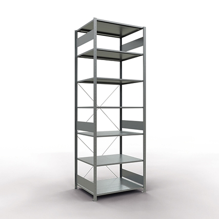 Regal mit sieben verstellbaren Fachböden und Kreuzstreben zur Stabilisierung.