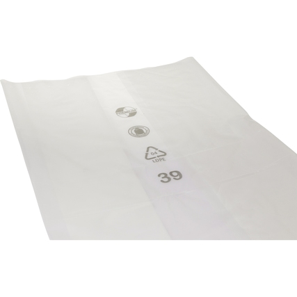 Transparenter Müllsack mit Aufdruck für Größenangaben und Symbole zur Entsorgung.