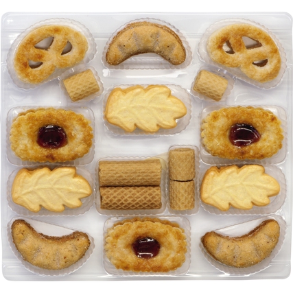 Gebäck- und Waffelmischung in einer transparenten Packung mit verschiedenen Keksen und Waffeln.