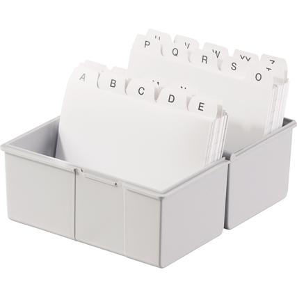 Lichtgrauer Karteikasten DIN A7 quer mit umklappbarem Deckel und beschrifteten Trennkarten.