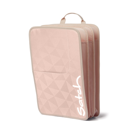 Rosa Heftbox mit geometrischem Muster, Tragegriff und separatem Frontfach.