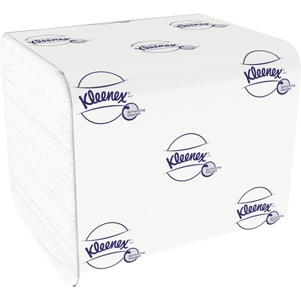 Kleenex Toilettenpapier ULTRA Einzelblatt in einer packenden Ansicht mit logo-bedruckten Blättern.