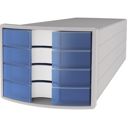 Lichtgraue Schubladenbox mit blauen, transluzenten Schubladen und modernem Gehäusedesign.