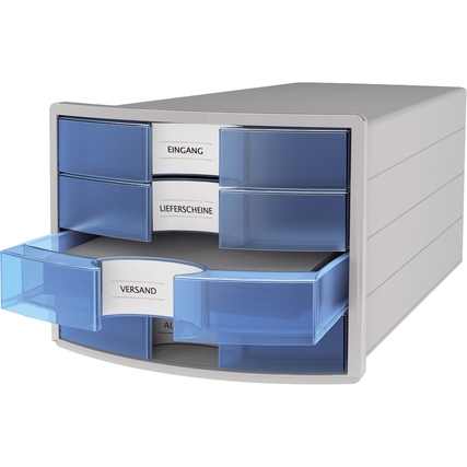 Lichtgraue Schubladenbox mit blauen Schubladen und Beschriftungen, teils geöffnet.