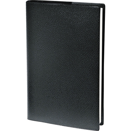 Schwarzer Buchkalender mit Fadenbindung und strukturiertem Cover in aufrechter Ansicht.