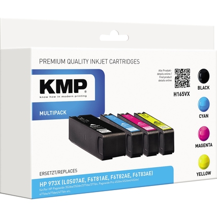 KMP Tintenpatronen im Multipack in schwarz, cyan, magenta und gelb.