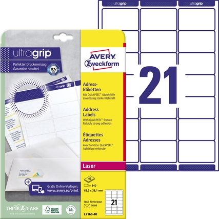 Packung mit ultragrip Adressetiketten und Etikettenbogen mit Druckformat und Anweisung.