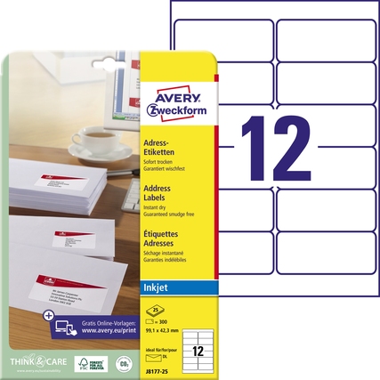 Produktverpackung mit Adressetiketten, die für den Druck auf Inkjet-Druckern geeignet sind.
