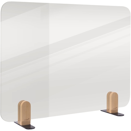 Transparente Tischtrennwand mit abgerundeten Ecken und Holzfüßen zur Abtrennung von Arbeitsplätzen.