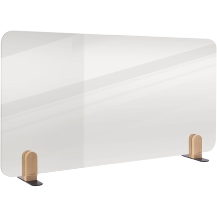 Transparente Tischtrennwand mit abgerundeten Ecken und Holzfüßen zur Raumtrennung.
