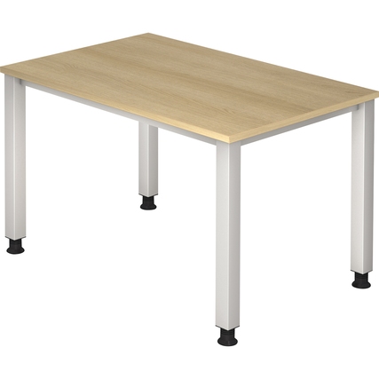 Holzschreibtisch mit beige-farbener Oberfläche und weißen Metallbeinen, rechteckig und stabil.