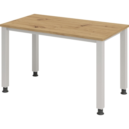 Holztisch mit Eichenplatte und weißen Metallbeinen, quadratische Form und höhenverstellbar.