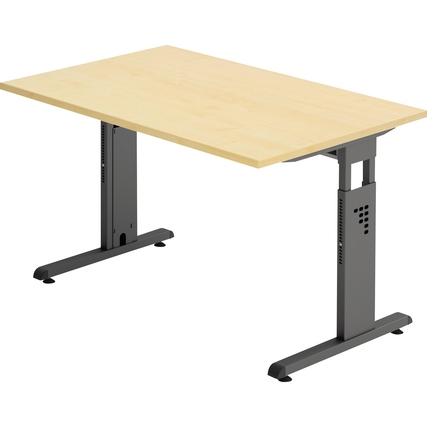 Schreibtisch in Ahorn-Optik mit verstellbarem Gestell in Schwarz, rechteckige Form.