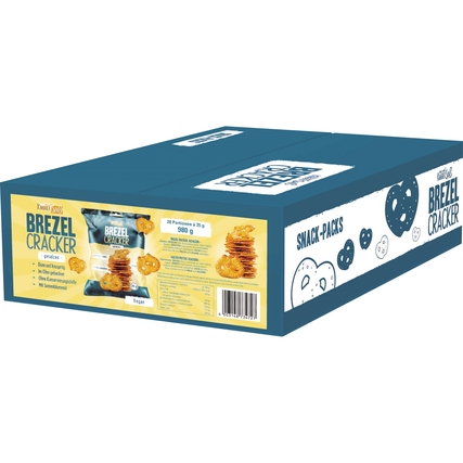 Verpackung der Brezelcracker in blauer Kartonage mit gelber Frontseite und Nährwertangaben.